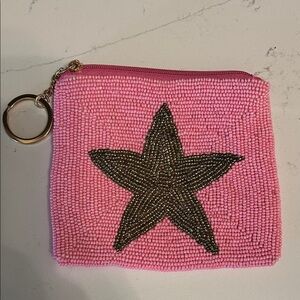 Pink Beaded Gold Star Pouch /Coin Purse Keychain